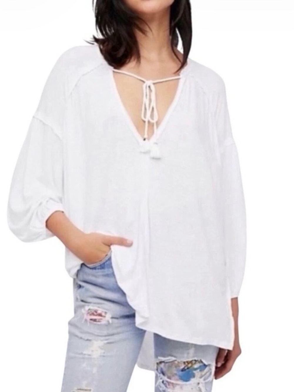 We The Free Just A Henley cream split V-neck peasant tunic oversized.